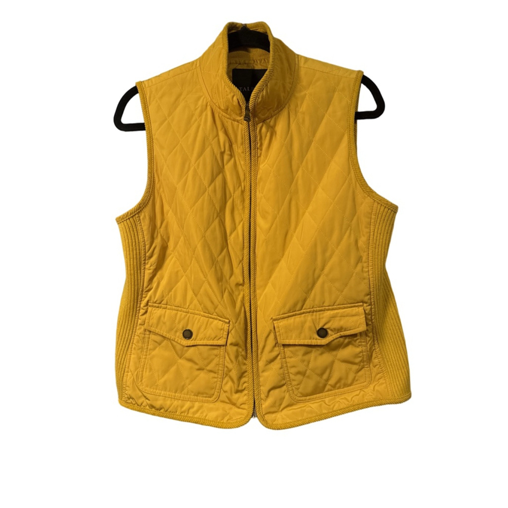 Talbots Mustard Yellow Quilted Vest Size M Zip Front Corduroy Collar Pockets